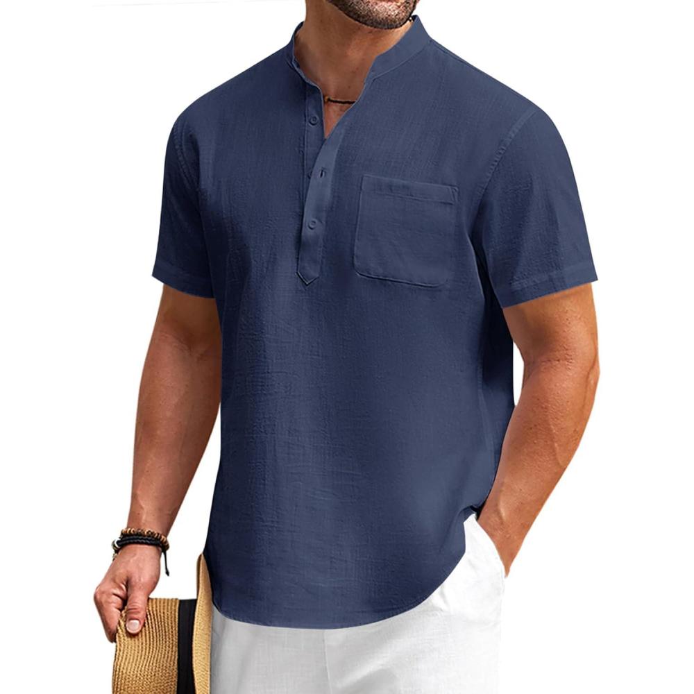 imageCOOFANDY Mens Cotton Linen Henley Shirt Short Sleeve Hippie Casual Beach TShirts with PocketNavy Blue