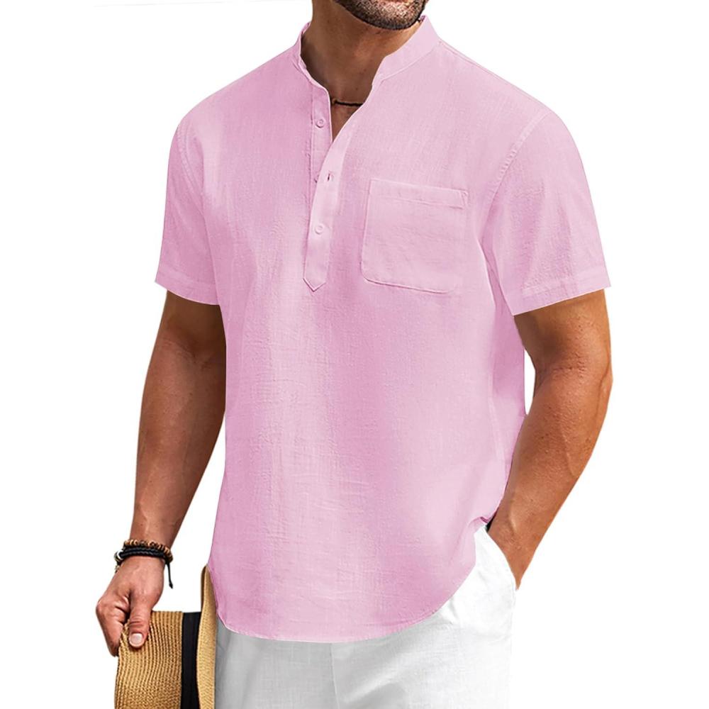 imageCOOFANDY Mens Cotton Linen Henley Shirt Short Sleeve Hippie Casual Beach TShirts with PocketPink