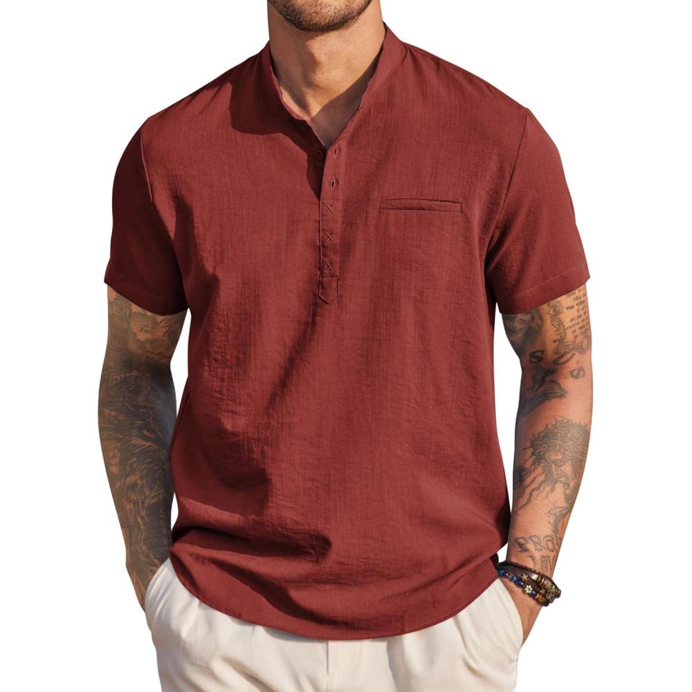 imageCOOFANDY Mens Cotton Linen Henley Shirt Short Sleeve Hippie Casual Beach TShirts with PocketWine Red