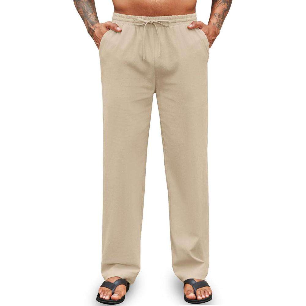 imageCOOFANDY Mens Cotton Linen Pants Elastic Waist Drawstring Summer Beach Trousers Casual Yoga PantBeige