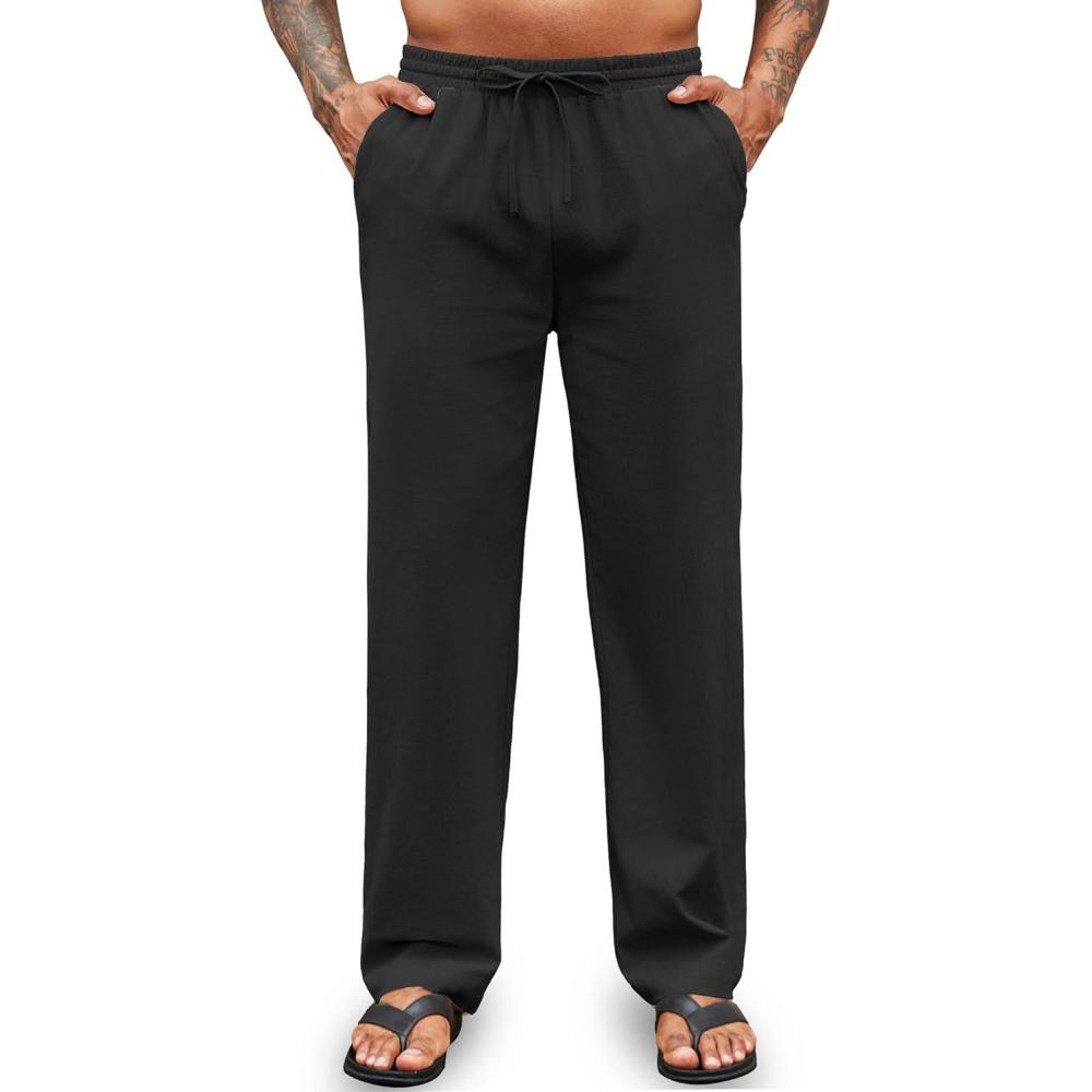 imageCOOFANDY Mens Cotton Linen Pants Elastic Waist Drawstring Summer Beach Trousers Casual Yoga PantBlack