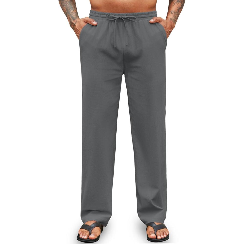imageCOOFANDY Mens Cotton Linen Pants Elastic Waist Drawstring Summer Beach Trousers Casual Yoga PantDark Grey