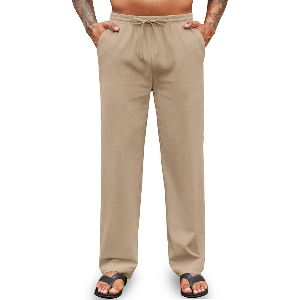 imageCOOFANDY Mens Cotton Linen Pants Elastic Waist Drawstring Summer Beach Trousers Casual Yoga PantKhaki