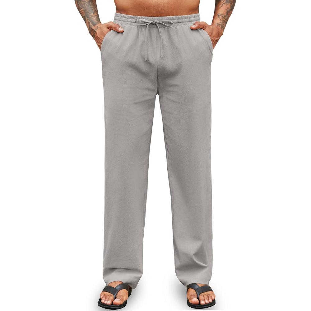 imageCOOFANDY Mens Cotton Linen Pants Elastic Waist Drawstring Summer Beach Trousers Casual Yoga PantLight Grey
