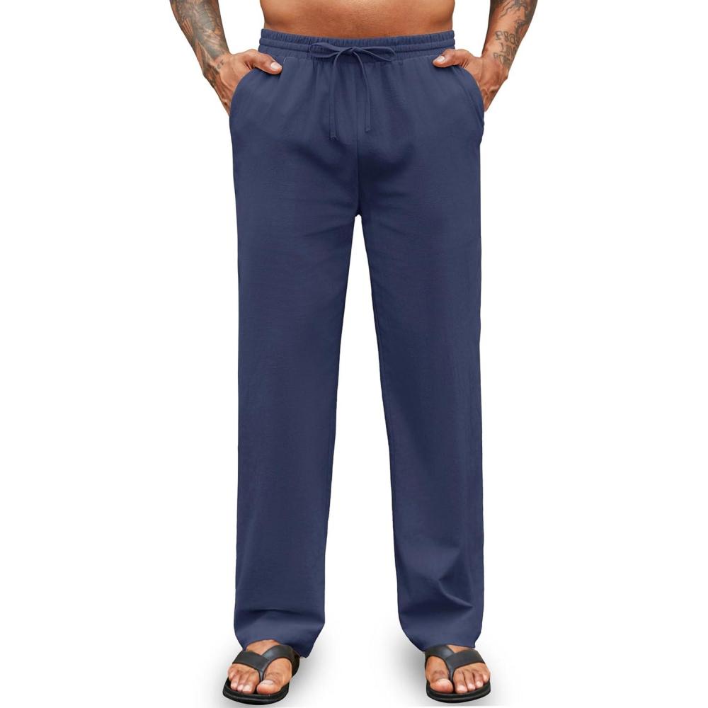 imageCOOFANDY Mens Cotton Linen Pants Elastic Waist Drawstring Summer Beach Trousers Casual Yoga PantNavy Blue