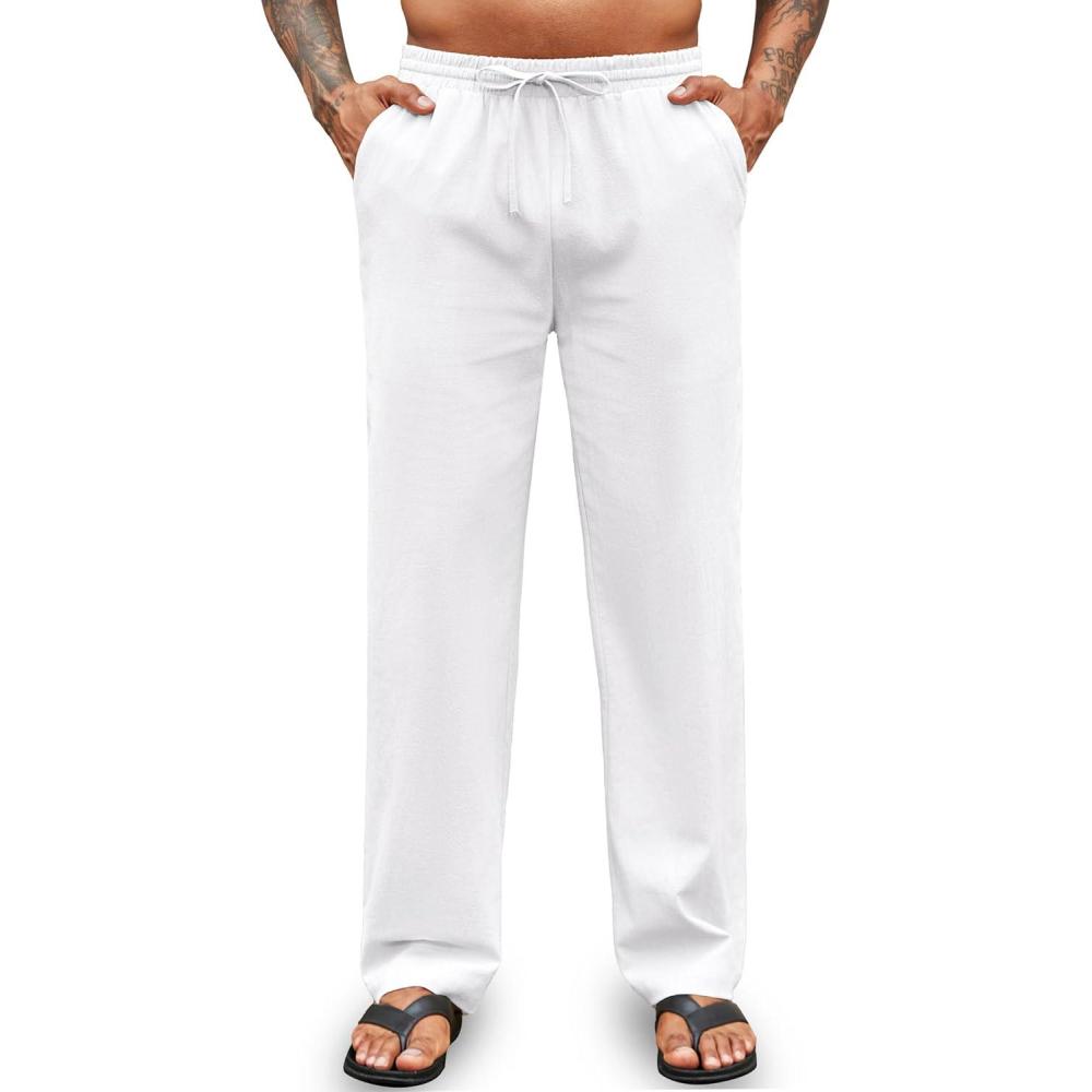 imageCOOFANDY Mens Cotton Linen Pants Elastic Waist Drawstring Summer Beach Trousers Casual Yoga PantWhite