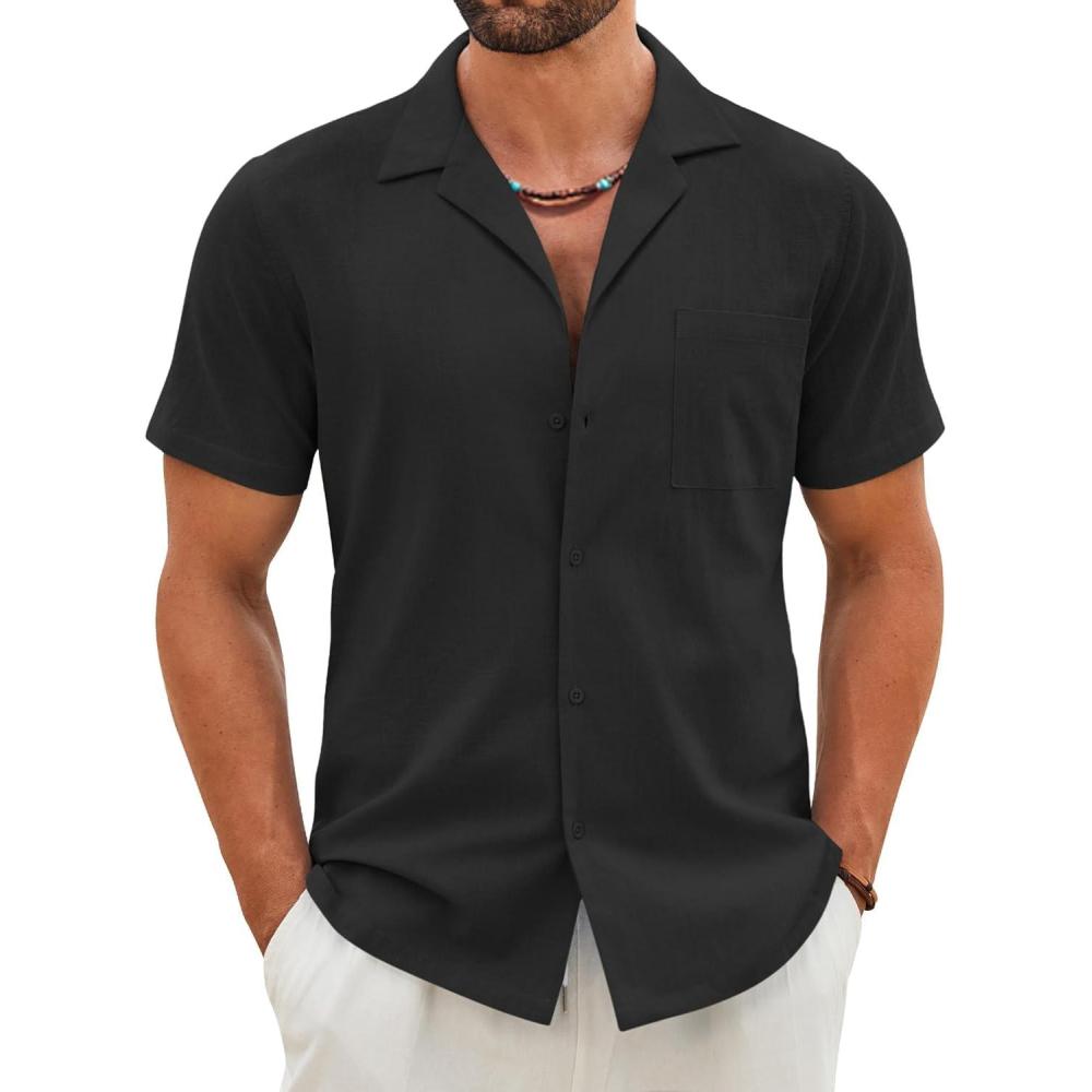 imageCOOFANDY Mens Cotton Linen Shirt Casual Button Down Short Sleeve Shirts Summer Cuban Vacation Beach Shirts with PocketBlack