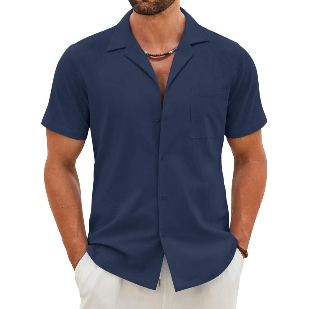 imageCOOFANDY Mens Cotton Linen Shirt Casual Button Down Short Sleeve Shirts Summer Cuban Vacation Beach Shirts with PocketDeep Blue