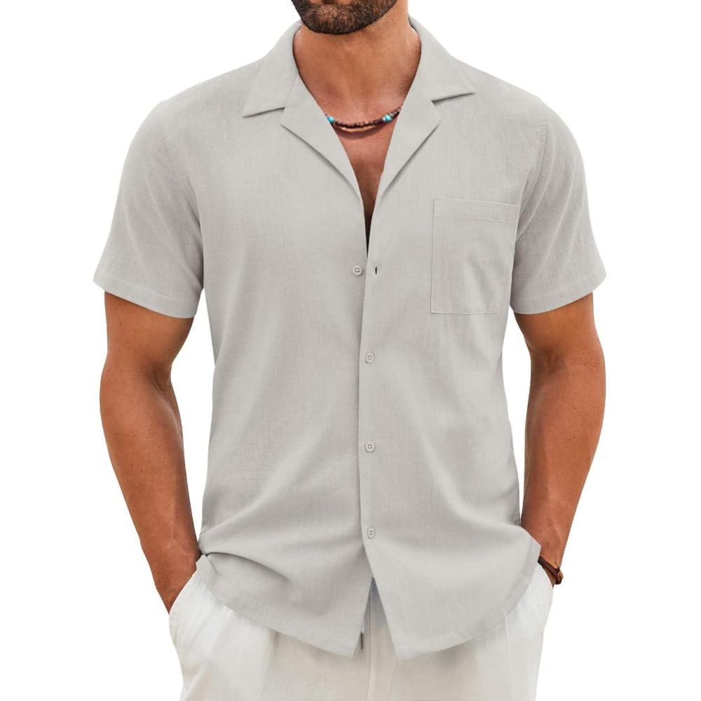 imageCOOFANDY Mens Cotton Linen Shirt Casual Button Down Short Sleeve Shirts Summer Cuban Vacation Beach Shirts with PocketLight Grey
