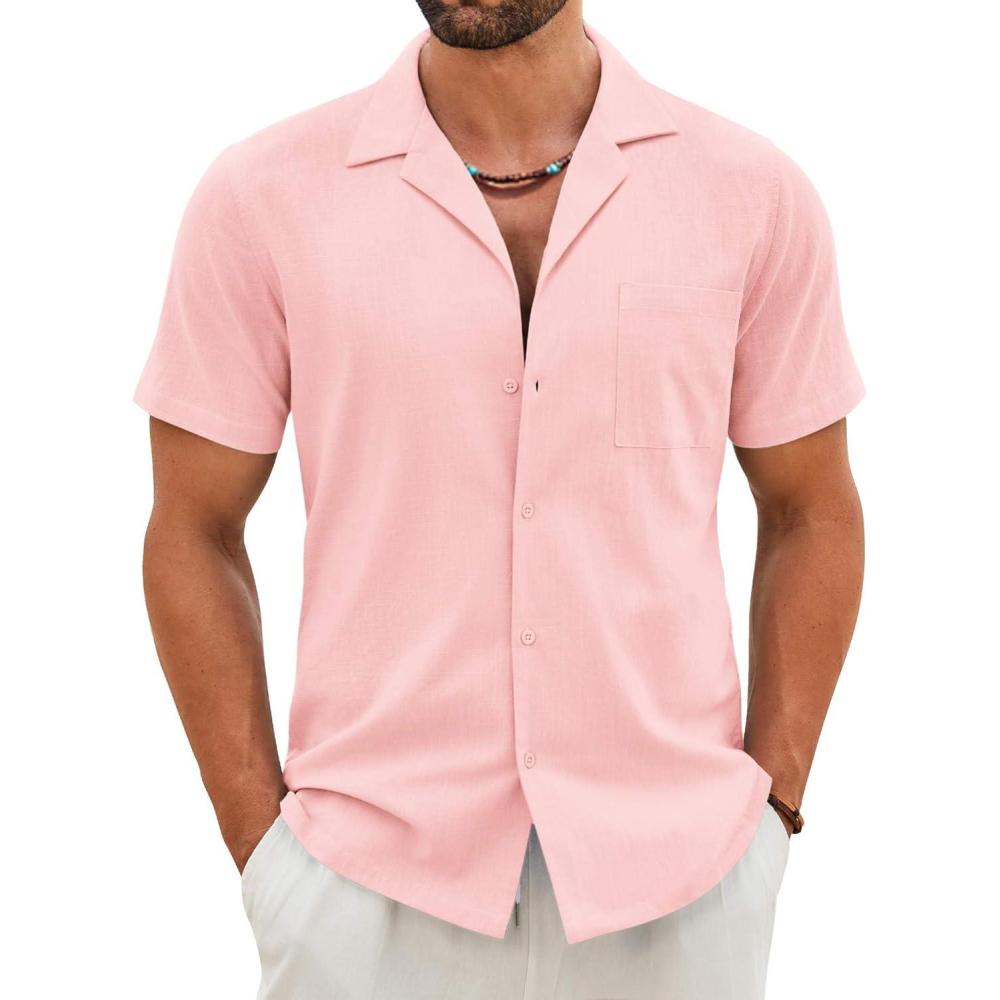 imageCOOFANDY Mens Cotton Linen Shirt Casual Button Down Short Sleeve Shirts Summer Cuban Vacation Beach Shirts with PocketLight Pink