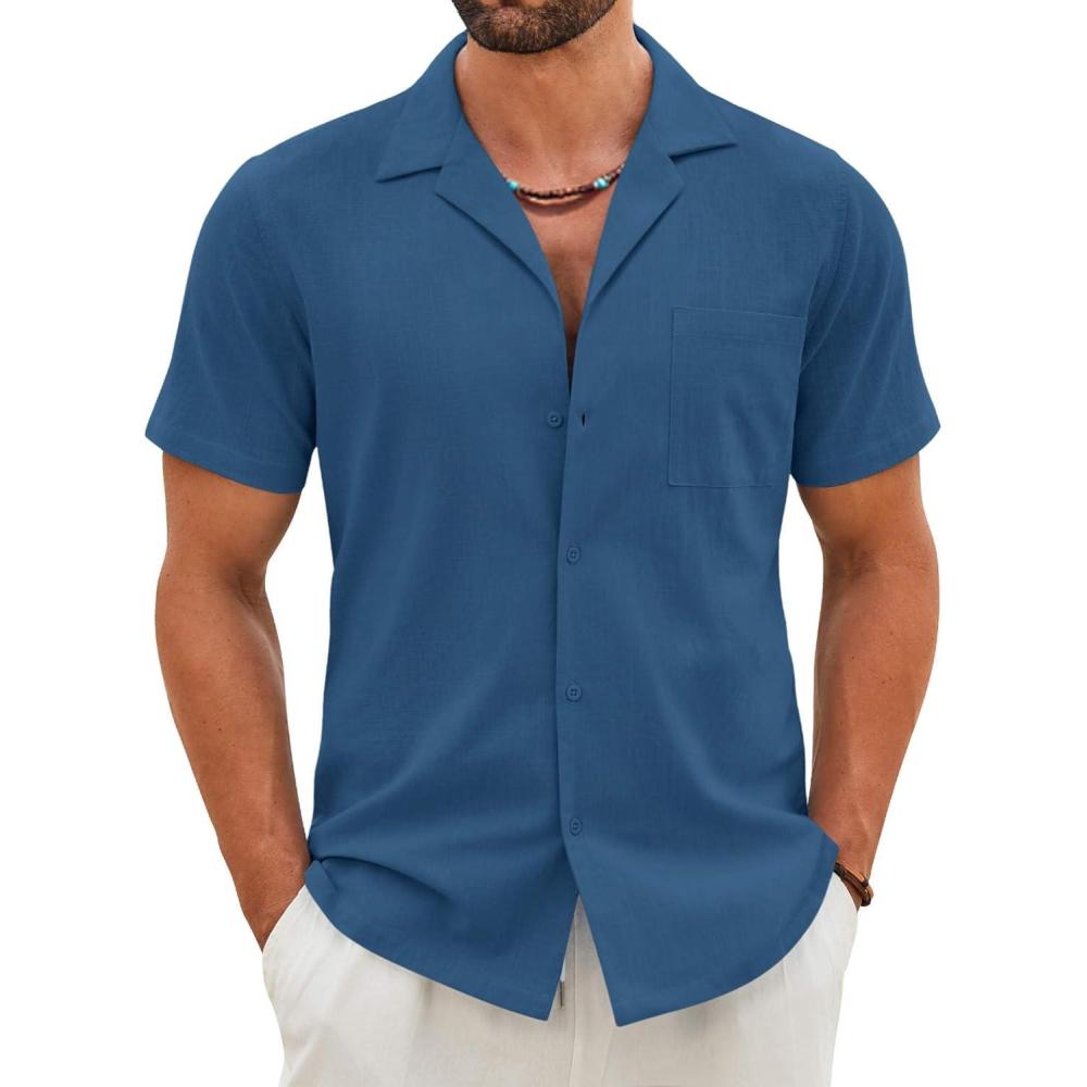 imageCOOFANDY Mens Cotton Linen Shirt Casual Button Down Short Sleeve Shirts Summer Cuban Vacation Beach Shirts with PocketNavy Blue
