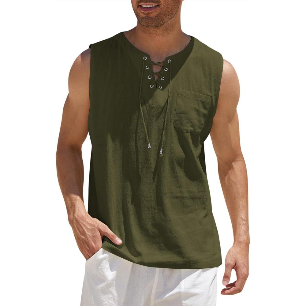 imageCOOFANDY Mens Cotton Linen Tank Top Shirts Casual Sleeveless Lace Up Beach Hippie Tops Bohemian Renaissance Pirate TunicArmy