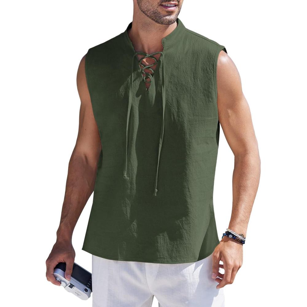 imageCOOFANDY Mens Cotton Linen Tank Top Shirts Casual Sleeveless Lace Up Beach Hippie Tops Bohemian Renaissance Pirate TunicArmy Green