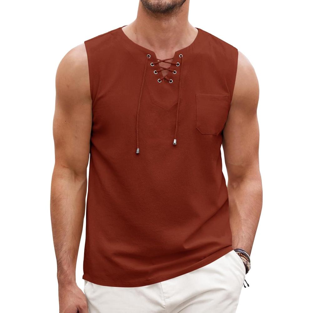 imageCOOFANDY Mens Cotton Linen Tank Top Shirts Casual Sleeveless Lace Up Beach Hippie Tops Bohemian Renaissance Pirate TunicBrick