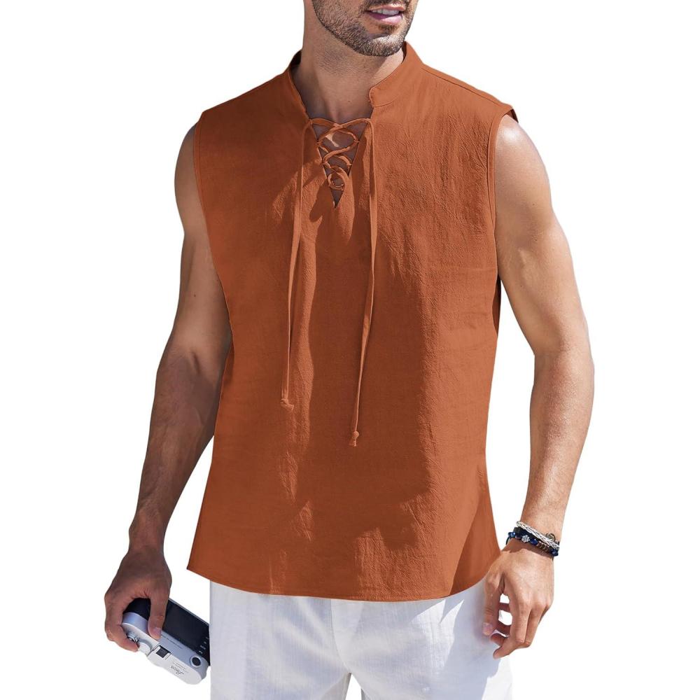 imageCOOFANDY Mens Cotton Linen Tank Top Shirts Casual Sleeveless Lace Up Beach Hippie Tops Bohemian Renaissance Pirate TunicBrick Red