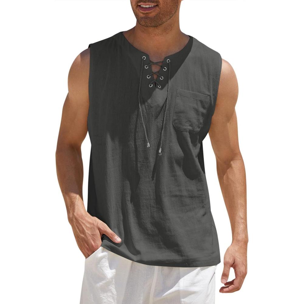 imageCOOFANDY Mens Cotton Linen Tank Top Shirts Casual Sleeveless Lace Up Beach Hippie Tops Bohemian Renaissance Pirate TunicCharcoal