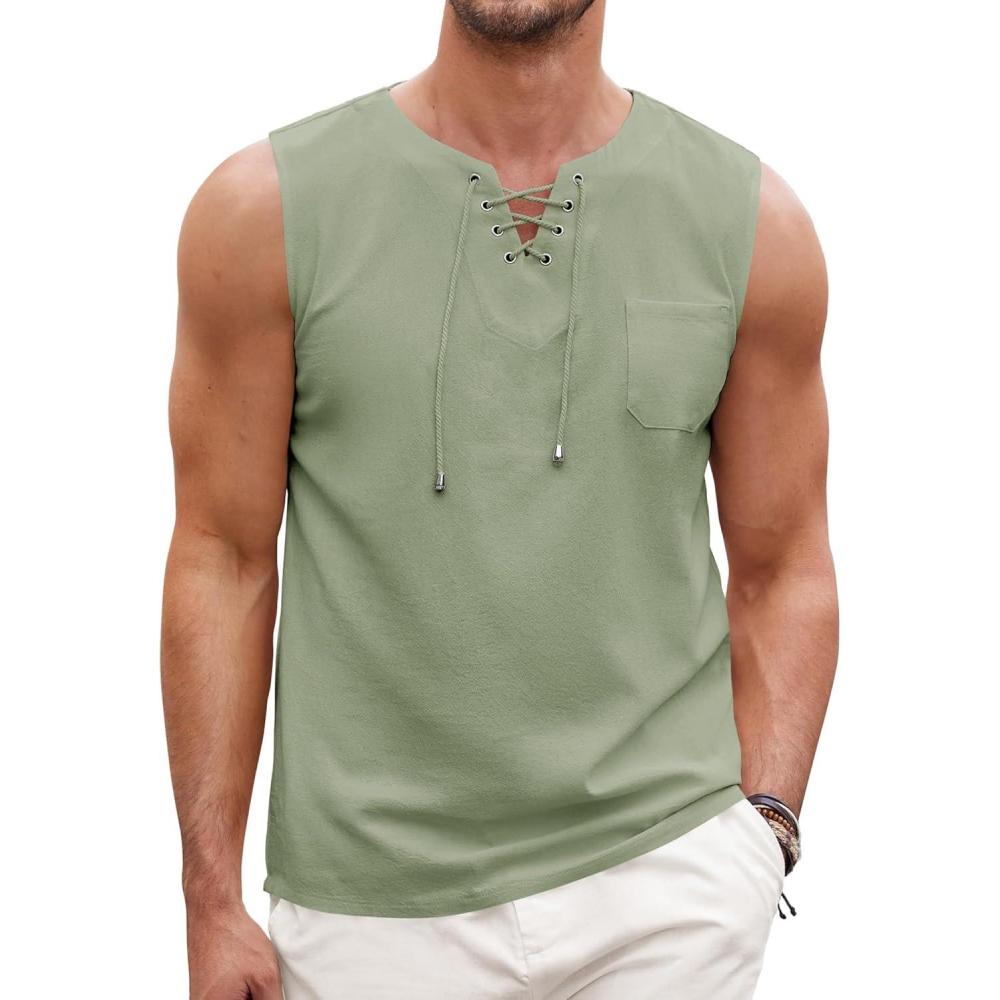 imageCOOFANDY Mens Cotton Linen Tank Top Shirts Casual Sleeveless Lace Up Beach Hippie Tops Bohemian Renaissance Pirate TunicGreen