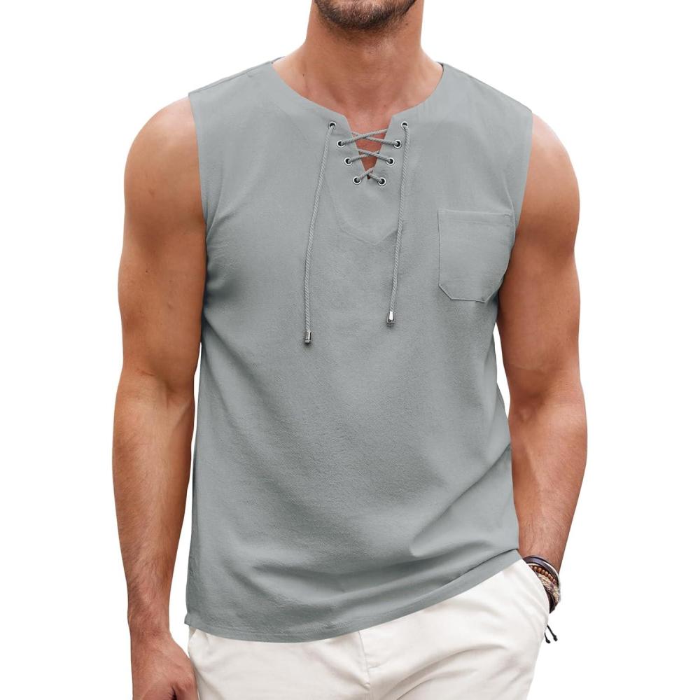 imageCOOFANDY Mens Cotton Linen Tank Top Shirts Casual Sleeveless Lace Up Beach Hippie Tops Bohemian Renaissance Pirate TunicGrey