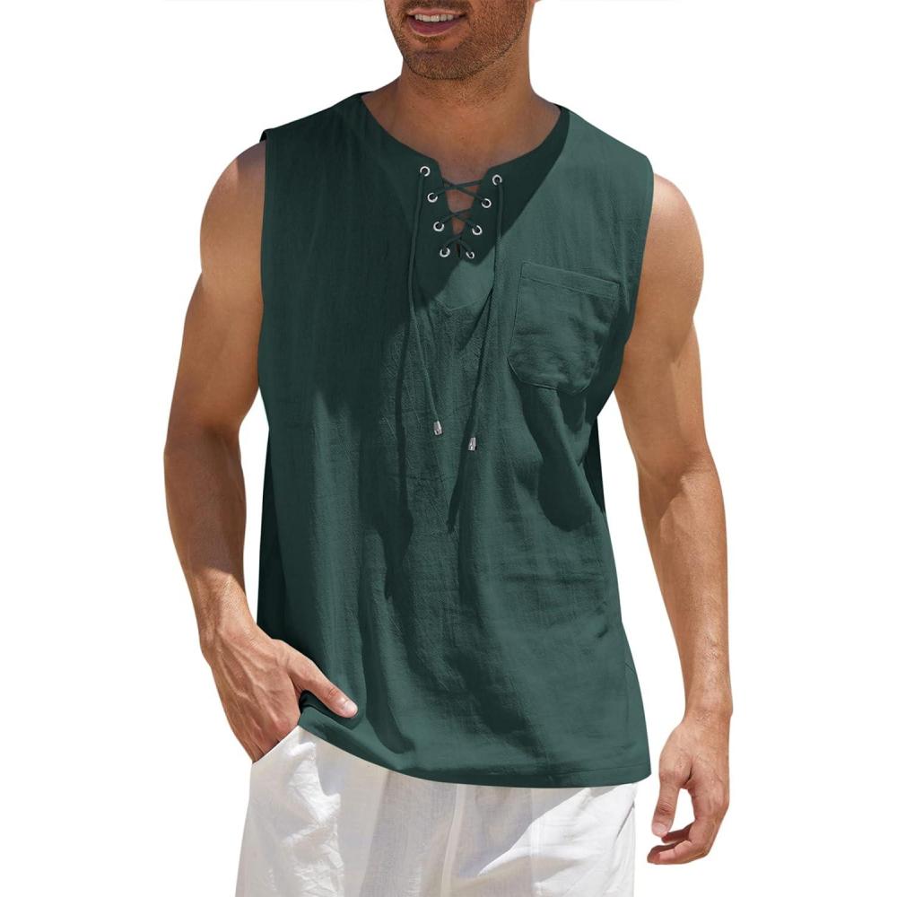 imageCOOFANDY Mens Cotton Linen Tank Top Shirts Casual Sleeveless Lace Up Beach Hippie Tops Bohemian Renaissance Pirate TunicTeal