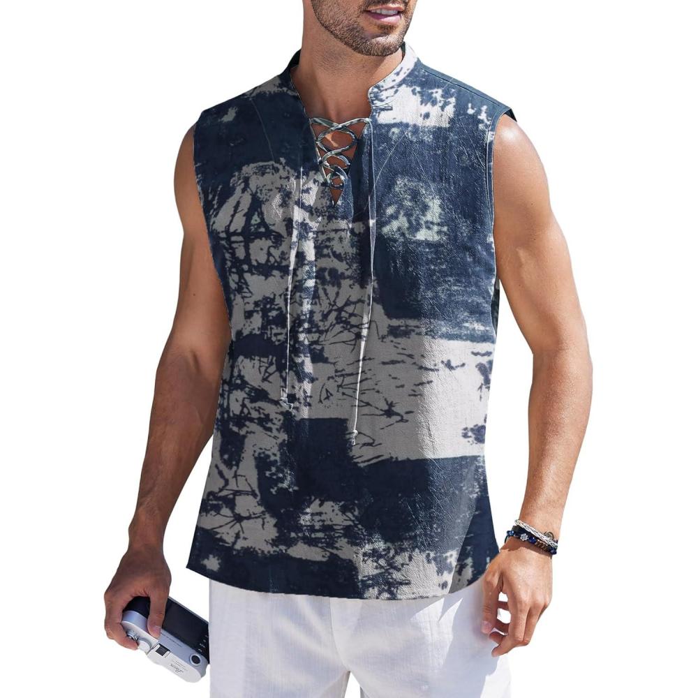 imageCOOFANDY Mens Cotton Linen Tank Top Shirts Casual Sleeveless Lace Up Beach Hippie Tops Bohemian Renaissance Pirate TunicTiedye Navy