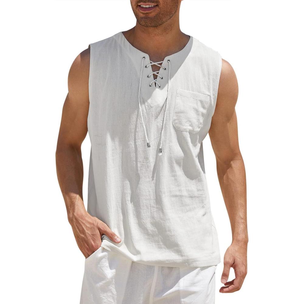 imageCOOFANDY Mens Cotton Linen Tank Top Shirts Casual Sleeveless Lace Up Beach Hippie Tops Bohemian Renaissance Pirate TunicWhite