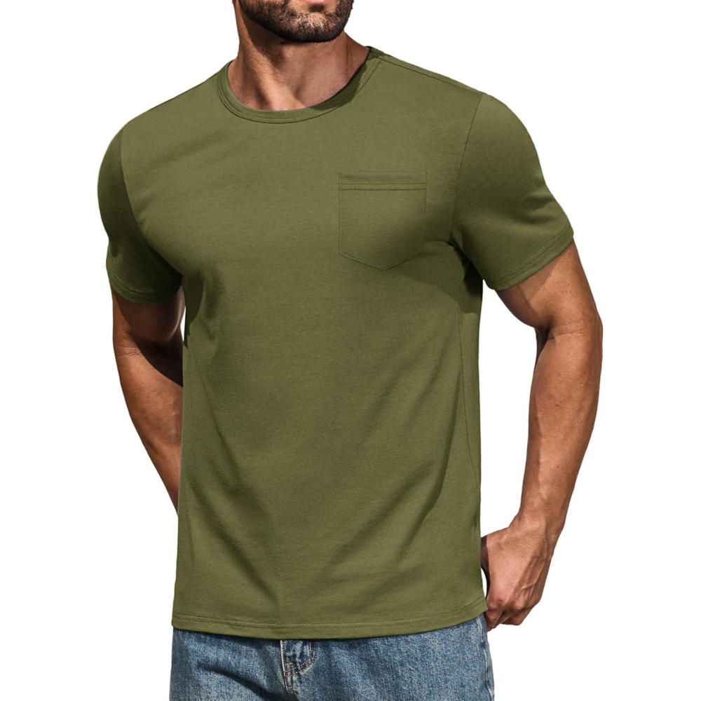 imageCOOFANDY Mens Cotton Pocket Tee Shirts Soft Crew Neck Stretch T Shirt Plain Casual Short Sleeve Summer Basic Tops1 Pack Army Green