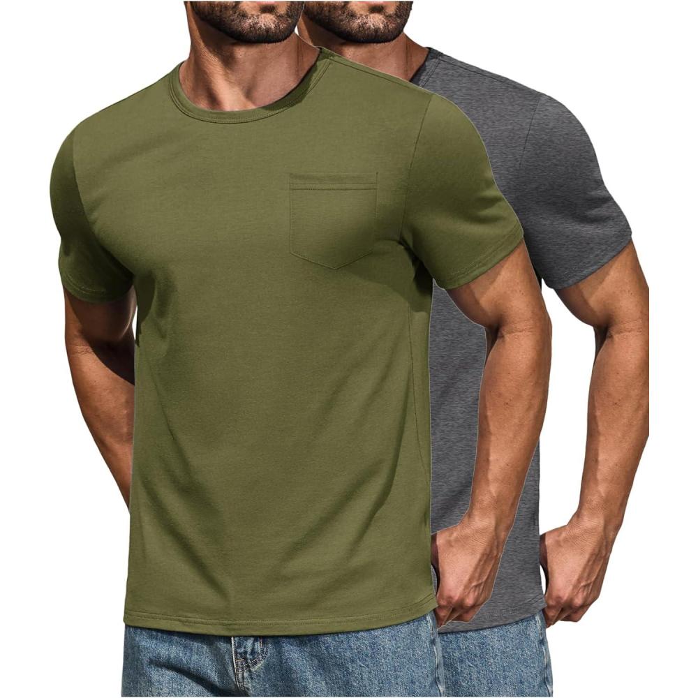 imageCOOFANDY Mens Cotton Pocket Tee Shirts Soft Crew Neck Stretch T Shirt Plain Casual Short Sleeve Summer Basic Tops2 Packdrak Greyarmy Green