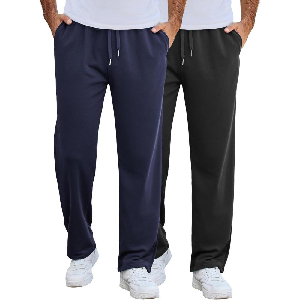 imageCOOFANDY Mens Cotton Sweatpants Open Bottom Lounge Pants Lightweight Casual Jogger Pants with Pockets2 Pack BlackNavy Blue