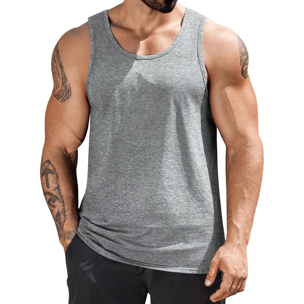imageCOOFANDY Mens Cotton Tank Tops Summer Beach Sleeveless Muscle Shirts Gym Workout Running Tank Shirt PackLight Grey