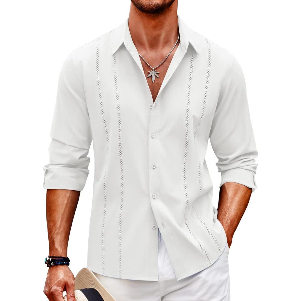 imageCOOFANDY Mens Cuban Guayabera Shirt Casual Button Down Shirts Long Sleeve Summer Beach ShirtsAwhite