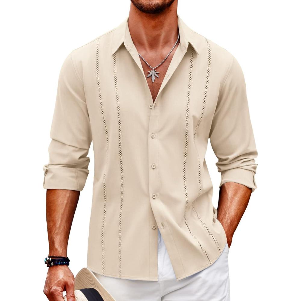 imageCOOFANDY Mens Cuban Guayabera Shirt Casual Button Down Shirts Long Sleeve Summer Beach ShirtsBeige