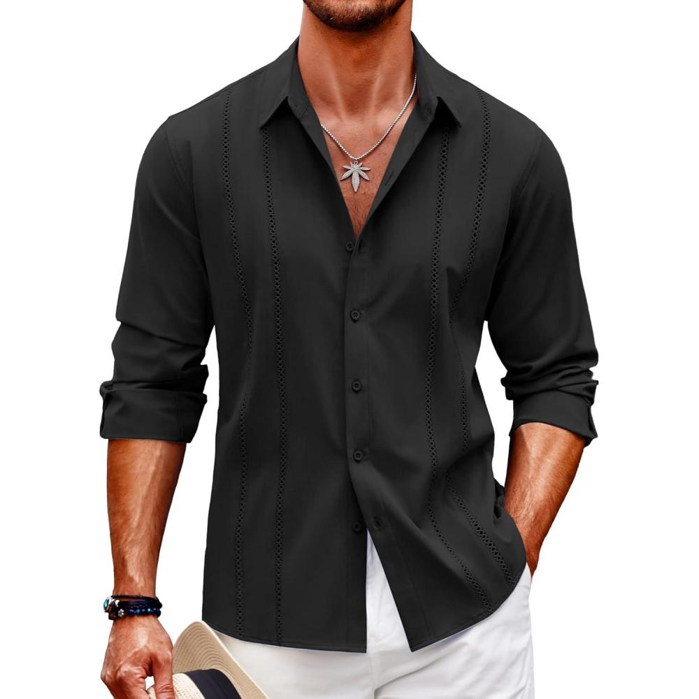 imageCOOFANDY Mens Cuban Guayabera Shirt Casual Button Down Shirts Long Sleeve Summer Beach ShirtsBlack