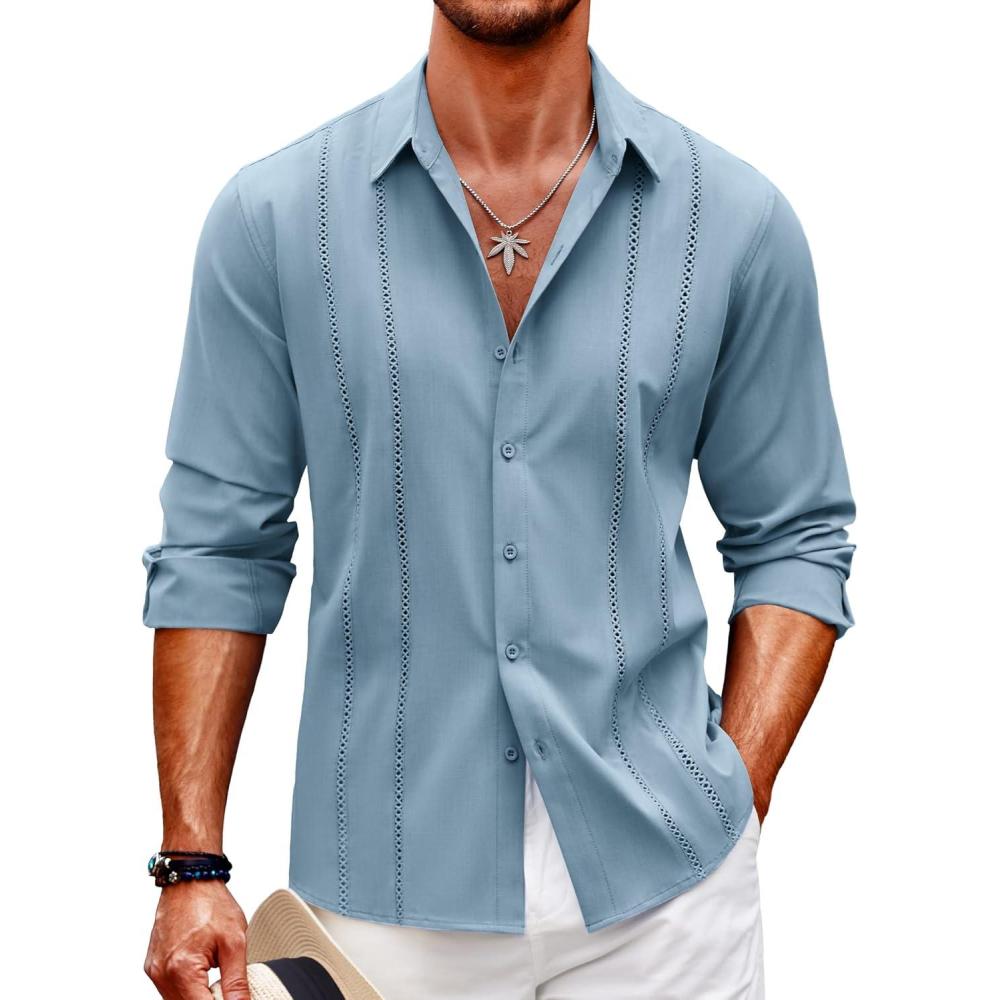 imageCOOFANDY Mens Cuban Guayabera Shirt Casual Button Down Shirts Long Sleeve Summer Beach ShirtsBlue