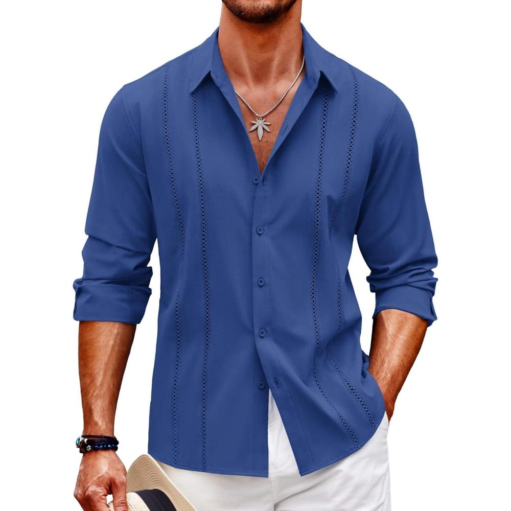 imageCOOFANDY Mens Cuban Guayabera Shirt Casual Button Down Shirts Long Sleeve Summer Beach ShirtsBrilliant Blue