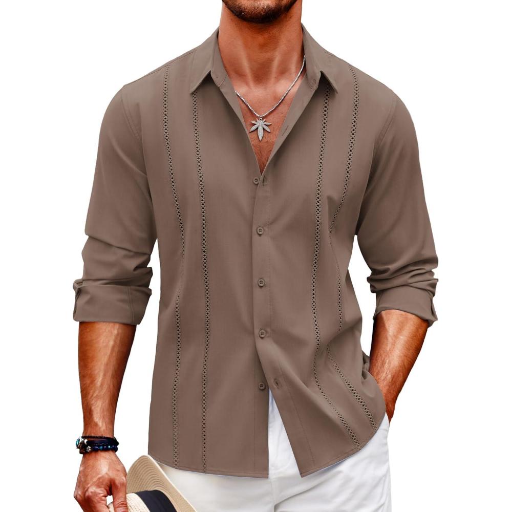 imageCOOFANDY Mens Cuban Guayabera Shirt Casual Button Down Shirts Long Sleeve Summer Beach ShirtsBrown