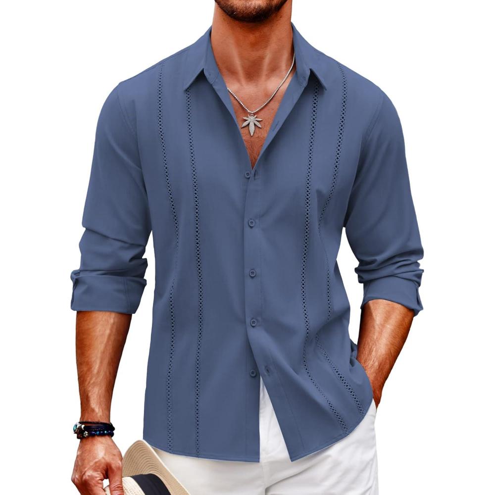 imageCOOFANDY Mens Cuban Guayabera Shirt Casual Button Down Shirts Long Sleeve Summer Beach ShirtsDark Blue