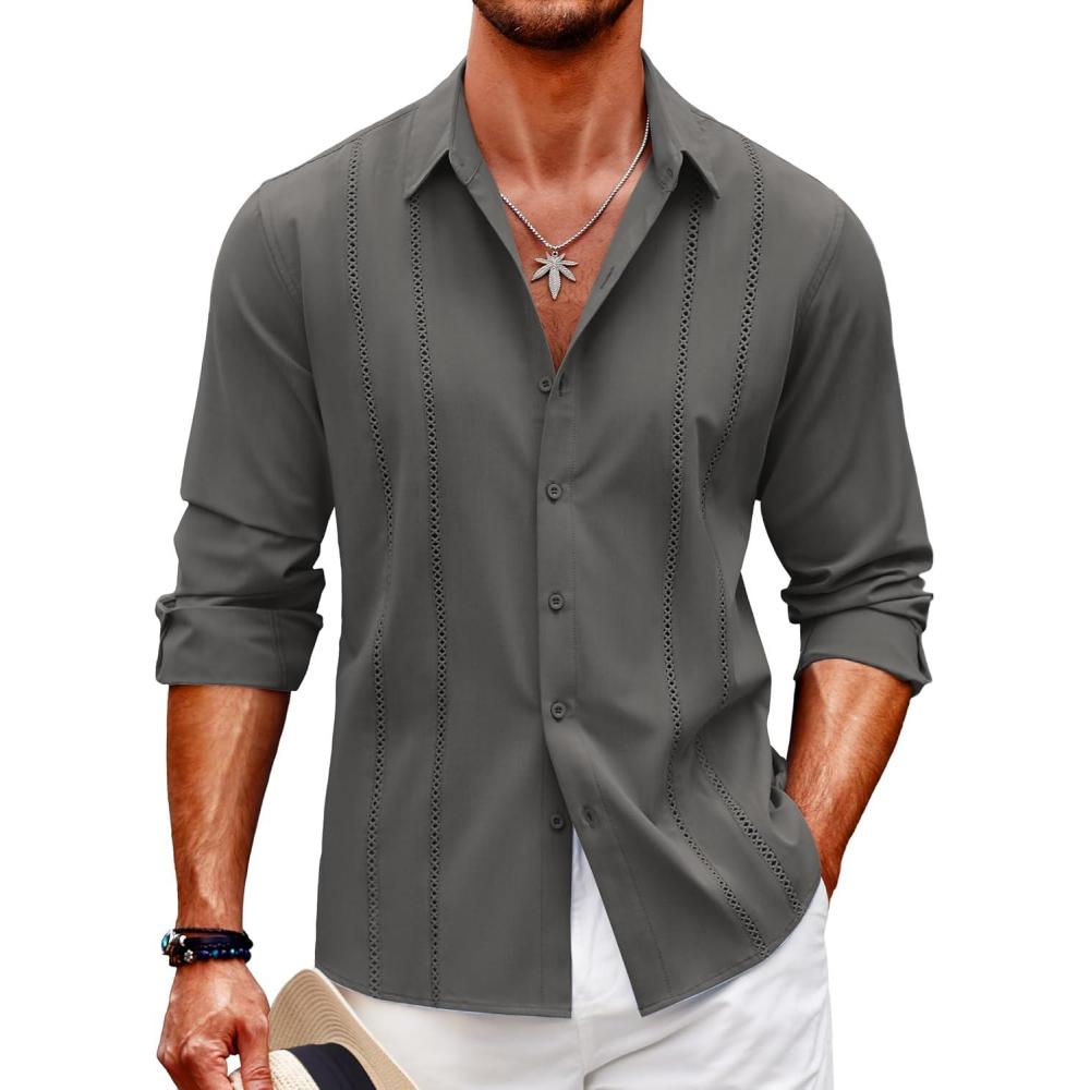 imageCOOFANDY Mens Cuban Guayabera Shirt Casual Button Down Shirts Long Sleeve Summer Beach ShirtsDark Grey