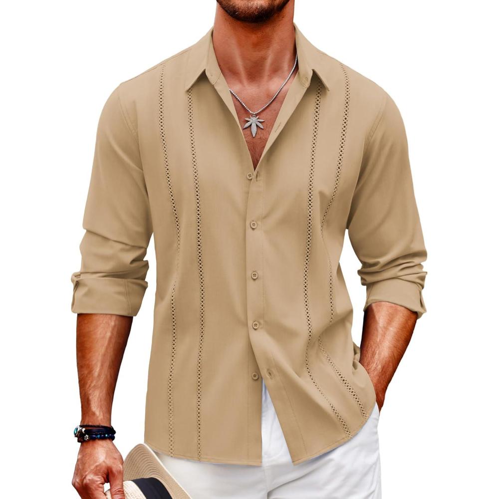 imageCOOFANDY Mens Cuban Guayabera Shirt Casual Button Down Shirts Long Sleeve Summer Beach ShirtsDark Khaki