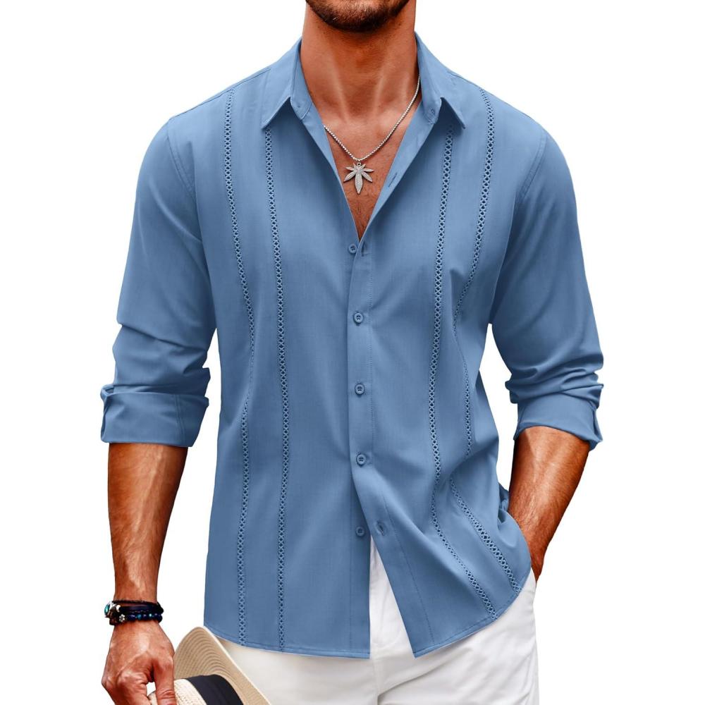 imageCOOFANDY Mens Cuban Guayabera Shirt Casual Button Down Shirts Long Sleeve Summer Beach ShirtsDenim Blue