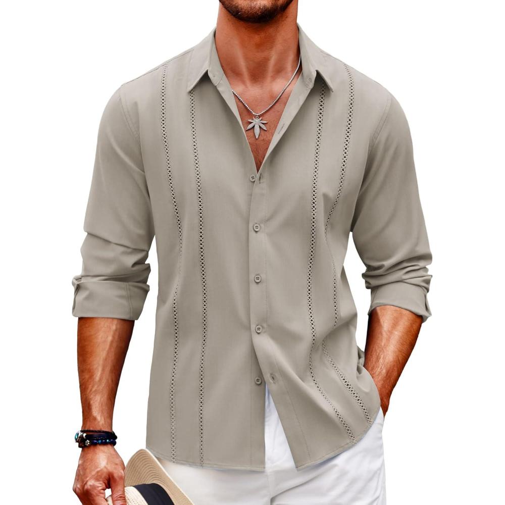imageCOOFANDY Mens Cuban Guayabera Shirt Casual Button Down Shirts Long Sleeve Summer Beach ShirtsKhaki