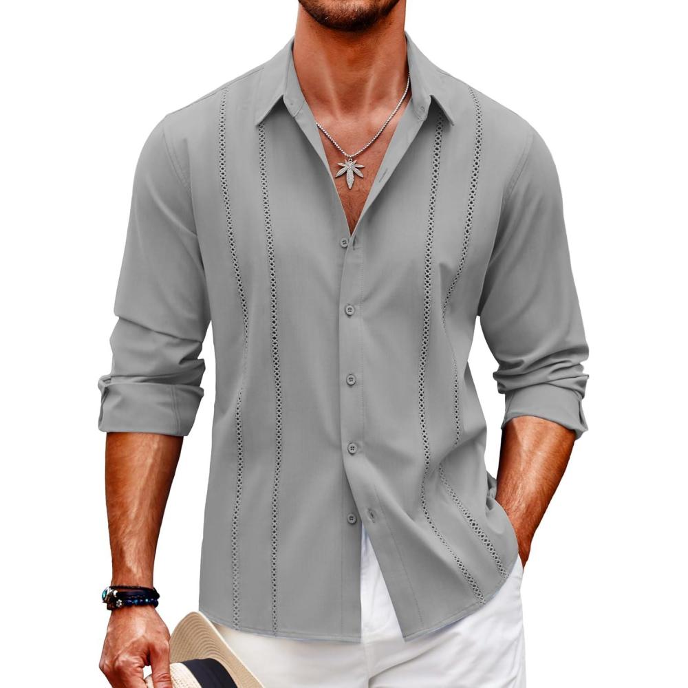 imageCOOFANDY Mens Cuban Guayabera Shirt Casual Button Down Shirts Long Sleeve Summer Beach ShirtsLight Grey