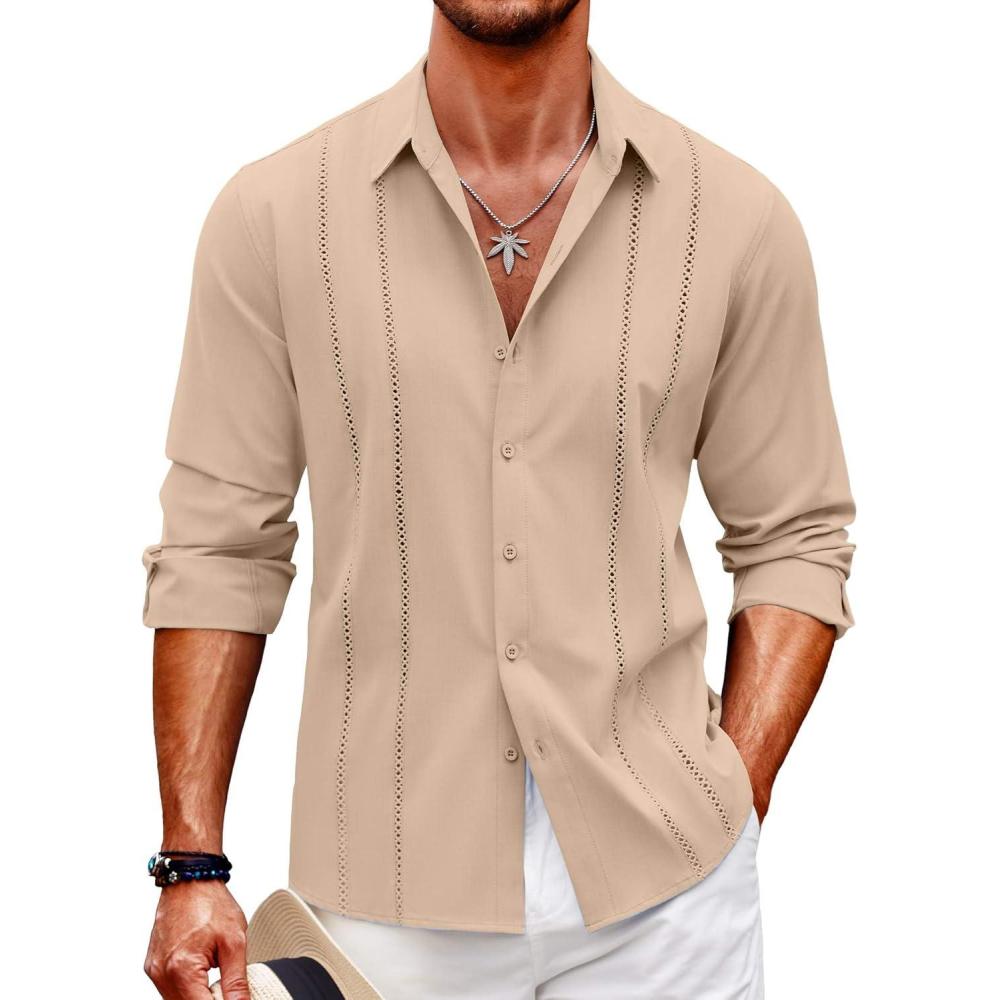 imageCOOFANDY Mens Cuban Guayabera Shirt Casual Button Down Shirts Long Sleeve Summer Beach ShirtsLight Khaki