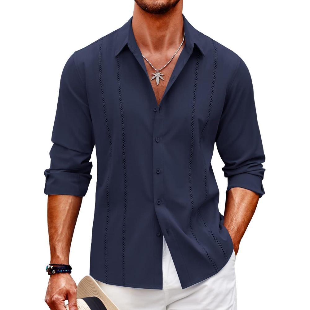 imageCOOFANDY Mens Cuban Guayabera Shirt Casual Button Down Shirts Long Sleeve Summer Beach ShirtsNavy Blue