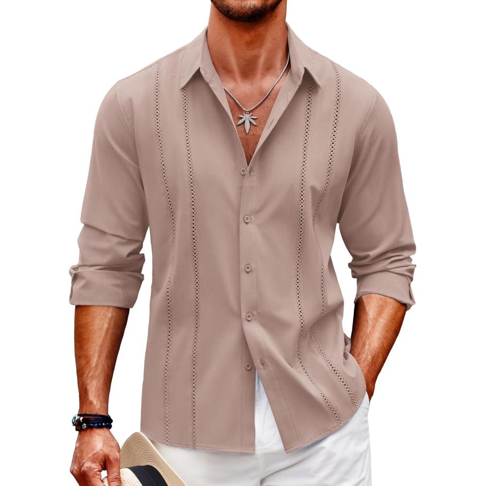 imageCOOFANDY Mens Cuban Guayabera Shirt Casual Button Down Shirts Long Sleeve Summer Beach ShirtsPink