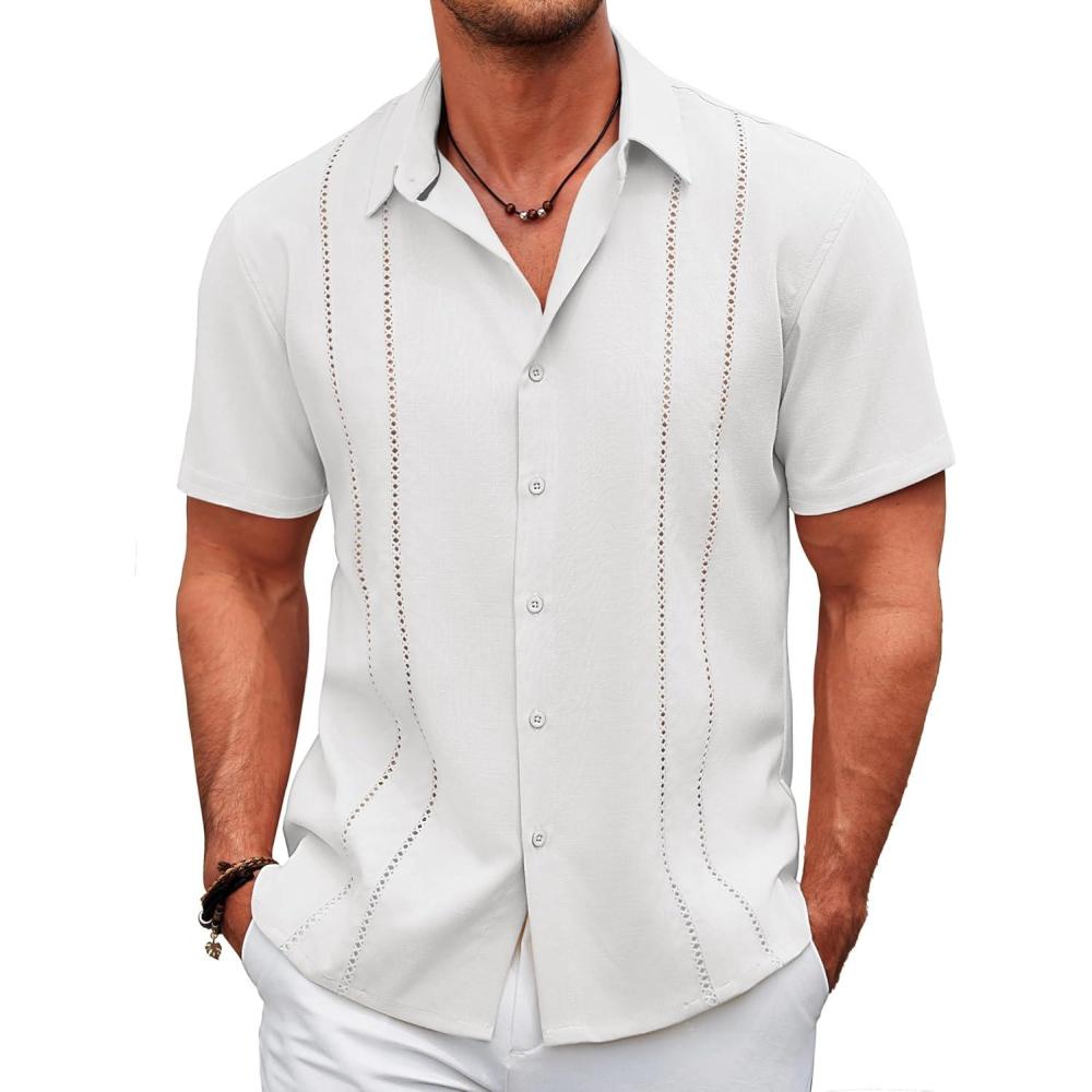 imageCOOFANDY Mens Cuban Guayabera Shirt Casual Short Sleeve Button Down Shirts Summer Beach ShirtsAwhite