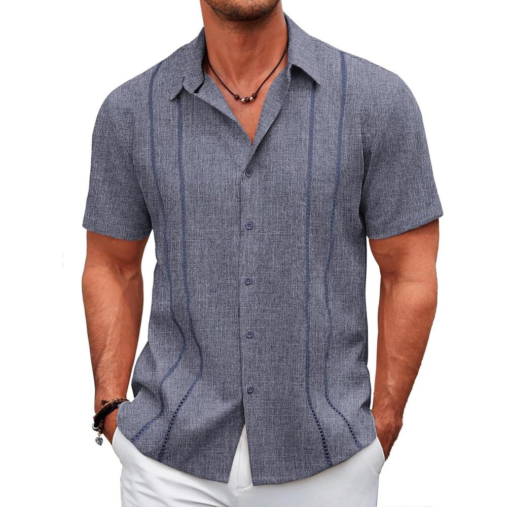 imageCOOFANDY Mens Cuban Guayabera Shirt Casual Short Sleeve Button Down Shirts Summer Beach ShirtsIndigo