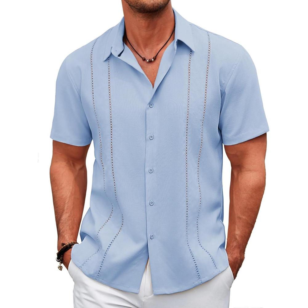 imageCOOFANDY Mens Cuban Guayabera Shirt Casual Short Sleeve Button Down Shirts Summer Beach ShirtsLight Blue