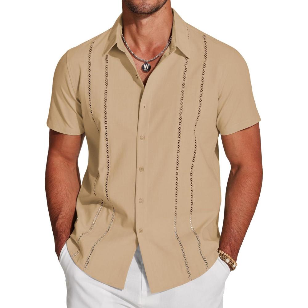 imageCOOFANDY Mens Cuban Guayabera Shirt Casual Short Sleeve Button Down Shirts Summer Beach ShirtsLight Tan