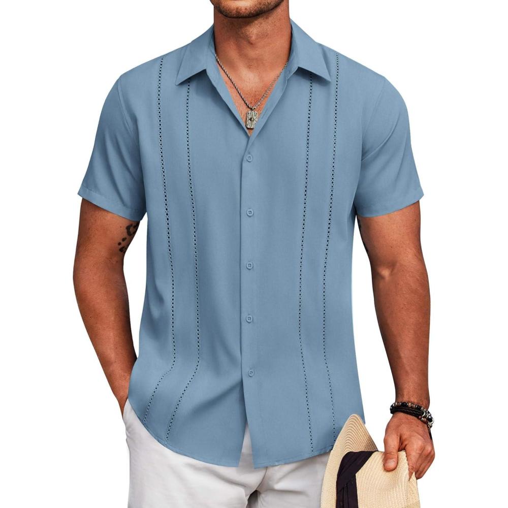 imageCOOFANDY Mens Cuban Guayabera Shirt Short Sleeve Button Down Shirts Casual Summer Beach Linen ShirtsDenim Blue