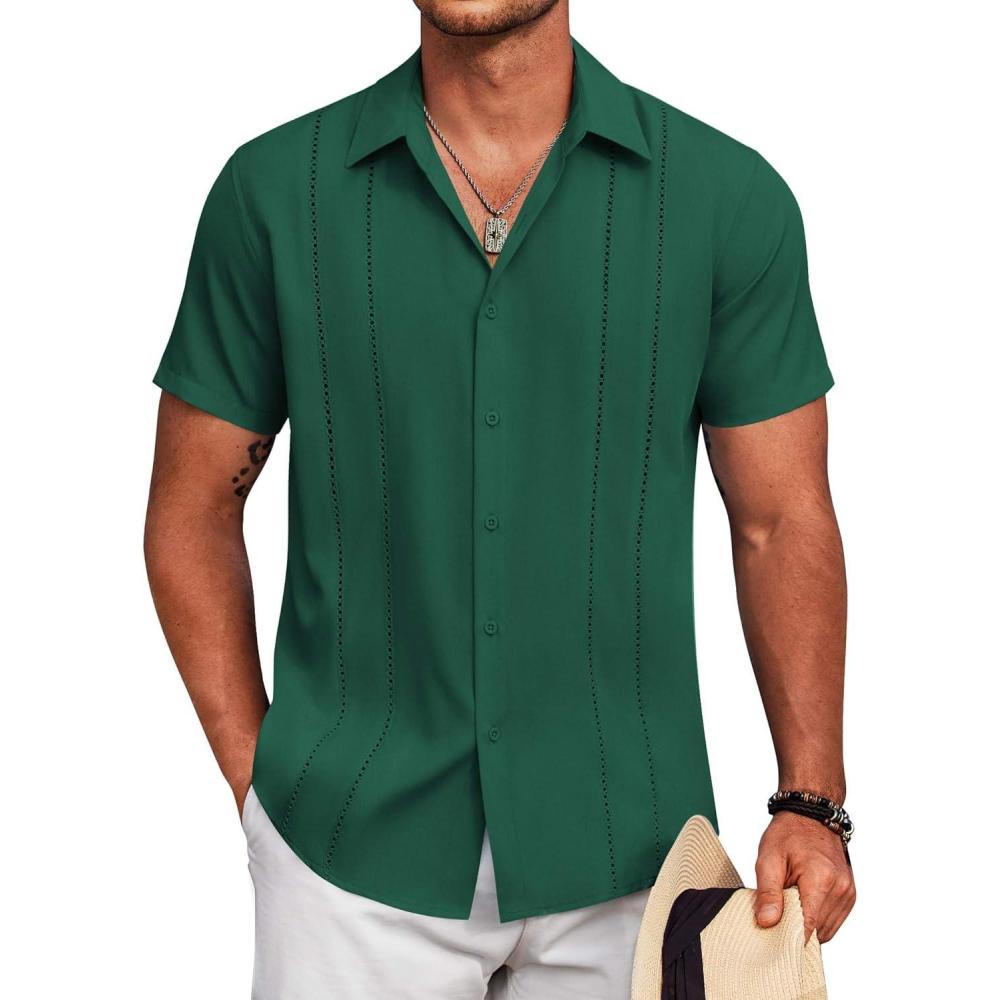 imageCOOFANDY Mens Cuban Guayabera Shirt Short Sleeve Button Down Shirts Casual Summer Beach Linen ShirtsGreen
